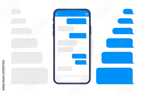 Smart Phone with messenger chat screen. Sms template bubbles for compose dialogues. Modern vector illustration flat style photo