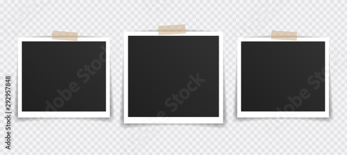 Vector Photo frame mockup design. Photo frame on sticky tape isolated on transparent background. Vector illustration