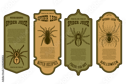 Spider juice. Spider legs. Halloween bottle label template. Design element for poster, card, banner, sign. Vector illustration