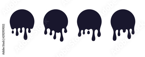 Dripping stickers or circle labels. Round liquid blob drops, hand drawn ink graffiti splash shape, chocolate caramel milk leak