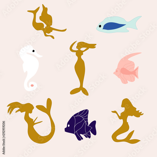 Golden sirens and colorful fish illustration