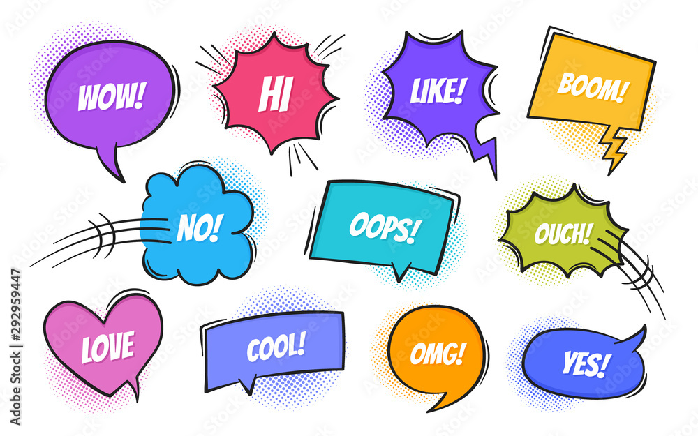 Super set retro colorful comic book text speech bubble in pop art style with halftone shadows. Talk chat retro speak message with different expression text. Vector illustration, retro pop art style Super set retro colorful comic book text speech bubble in pop art style with halftone shadows. Talk chat retro speak message with different expression text. Vector illustration, retro pop art style