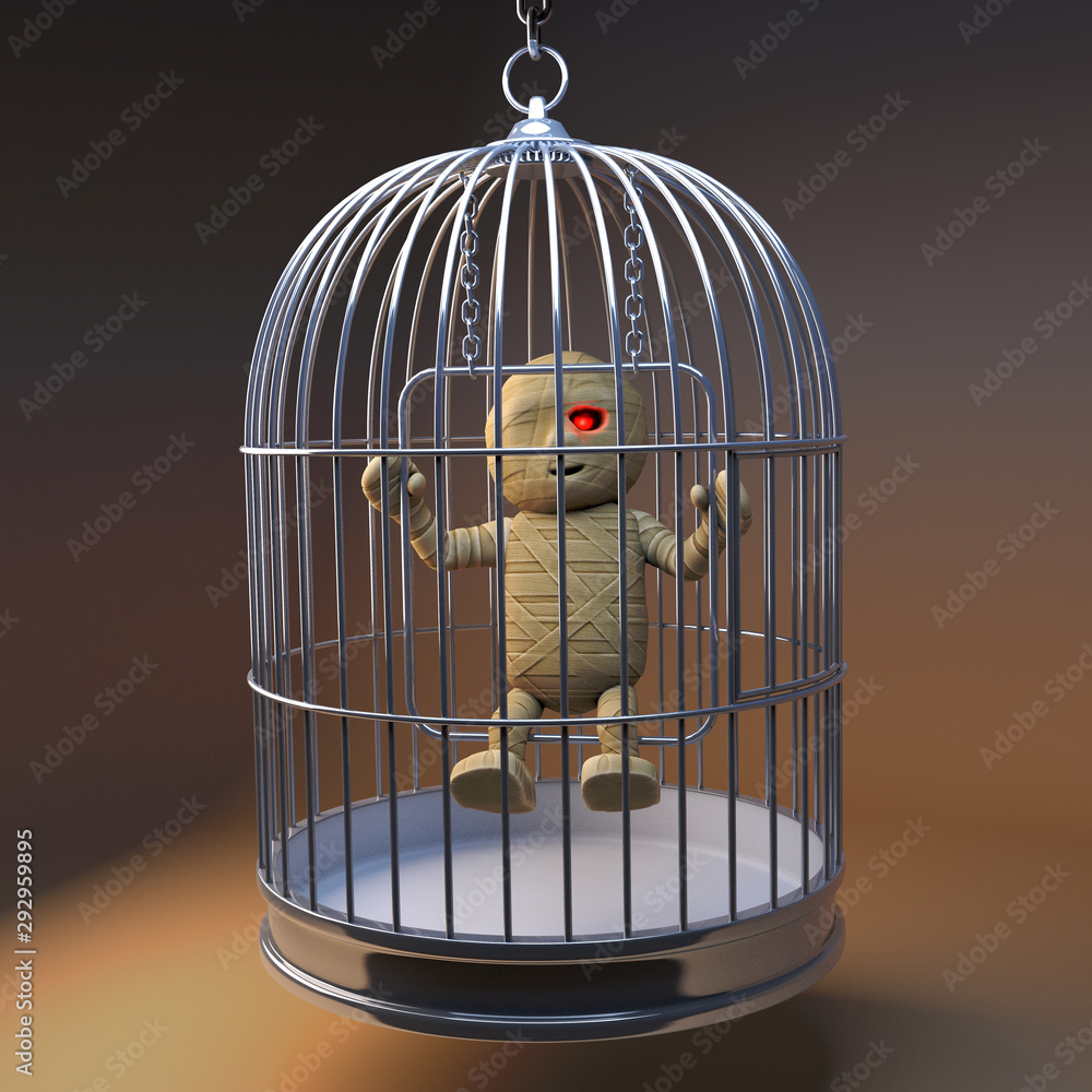 Cartoon 3d Egyptian mummy monster on a swing in a birdcage, 3d illustration  Stock Illustration | Adobe Stock