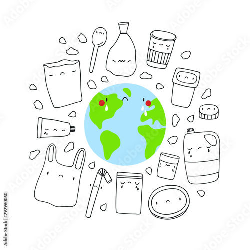 Ecological concept illustration - Earth with Plastic Garbage. Cartoon Planet character with Plastic products frame on dark background. Earth day background.