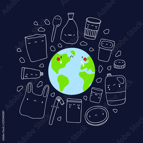 Ecological concept illustration - Earth with Plastic Garbage. Cartoon Planet character with Plastic products frame on dark background. Earth day background.