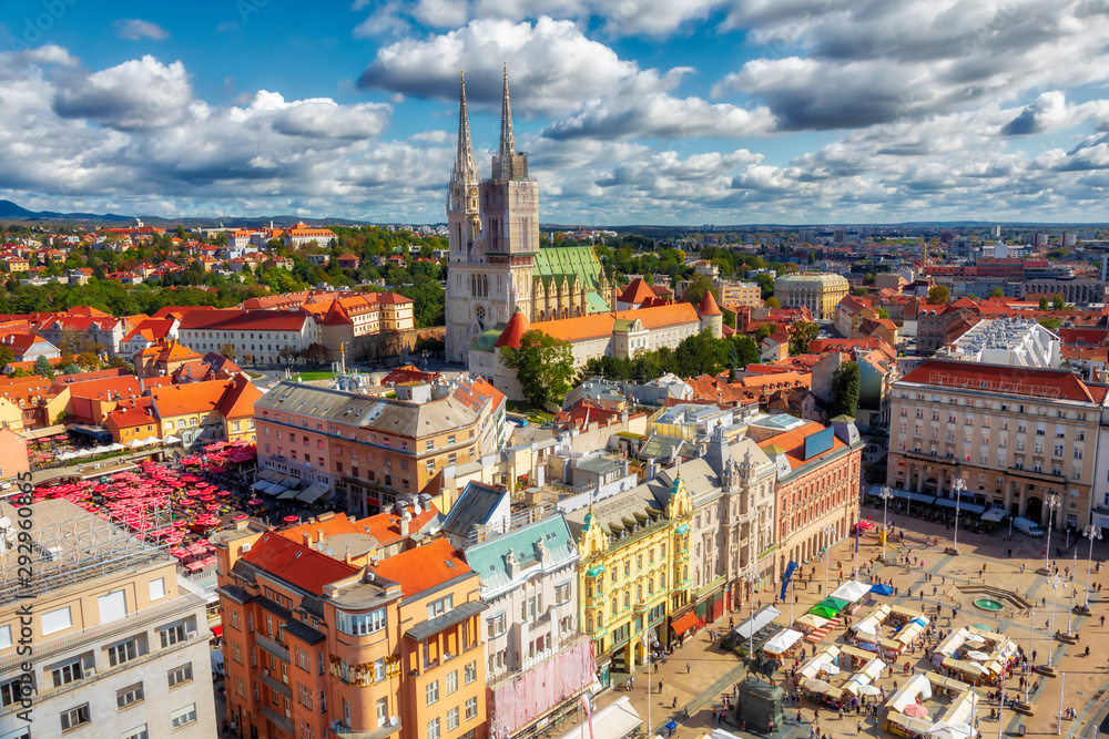 Ban Jelacic Square. Aerial view of the central square of the city of Zagreb. Capital city of Croatia. Image - obrazy, fototapety, plakaty 