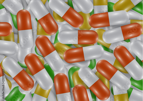 Background with bright pills, capsules. Vitamin pills for good health and antibiotics. Poster banner for website. Pharmacy, painkiller capsules and medications.