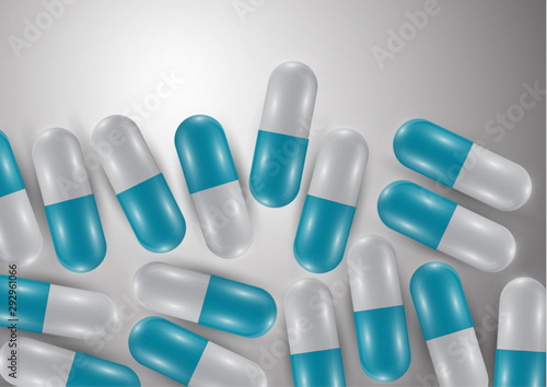 Background with bright pills, capsules. Vitamin pills for good health and antibiotics. Poster banner for website. Pharmacy, painkiller capsules and medications.