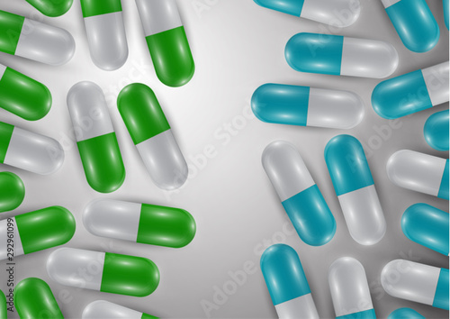 Background with bright pills, capsules. Vitamin pills for good health and antibiotics. Poster banner for website. Pharmacy, painkiller capsules and medications.