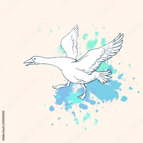 Hand drawn White goose on top of abstract blue stops on a beige background