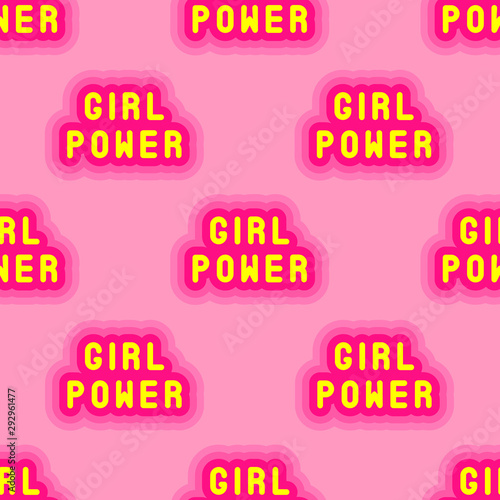 "Girl power" text seamless pattern. Colorful cute vector wallpaper. Fun kawaii style background.	