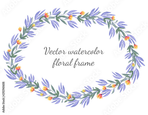 Vector watercolor oval frame with floral ornaments and lavender and eschscholzia flowers