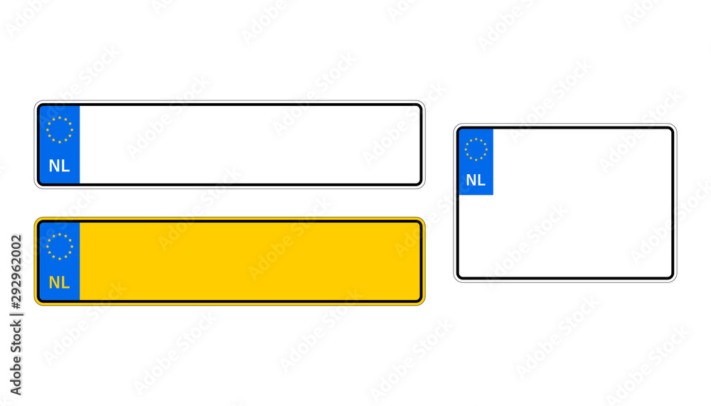 Vehicle registration plates of Netherlands. EU country identifier. blue  band on license plates. Vector illustration. Stock ベクター | Adobe Stock