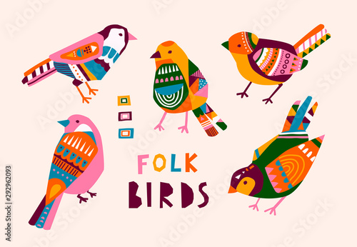 Various birds with different folk ornaments. Paper cut scandinavian style. Flat design. Hand drawn colored vector set. Modern trendy illustration. All elements are isolated