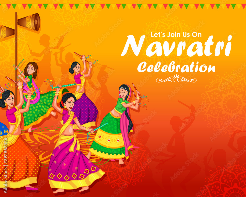 Couple performing Garba dance in Dandiya Raas for Dussehra or Navratri in vector Couple performing Garba dance in Dandiya Raas for Dussehra or Navratri in vector