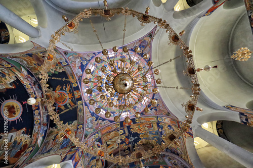 The chandelier and dome inside the Church of Saint Nicodemus, Naxos, Greek Islands photo