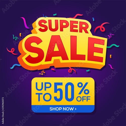 Super sale banner template design, special offer and discount up to 50% template, stock vector