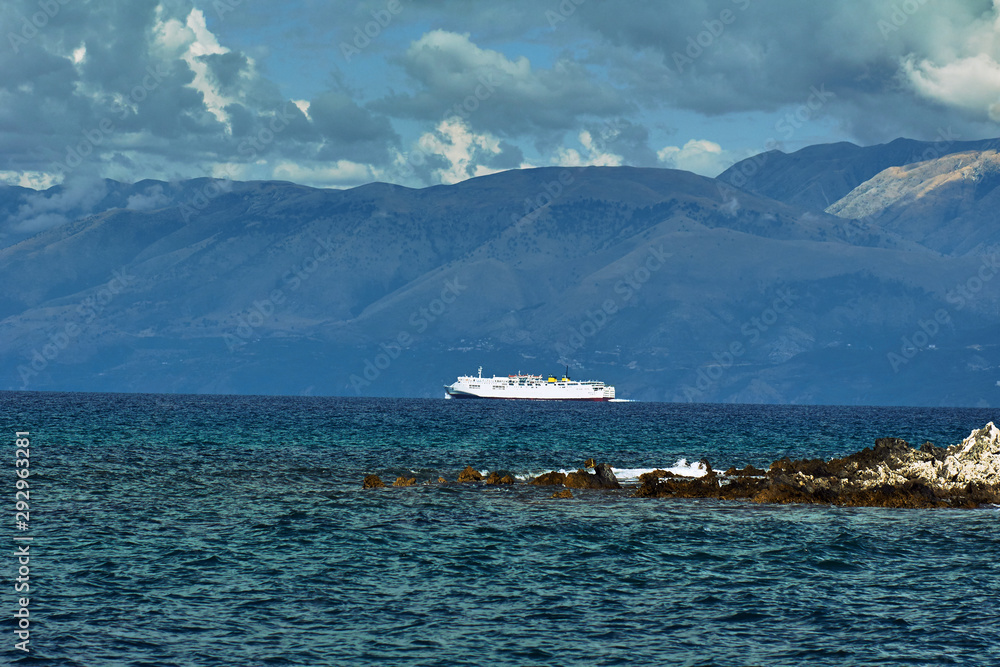 passenger ship in the Ionian Sea on the shores of Albania.