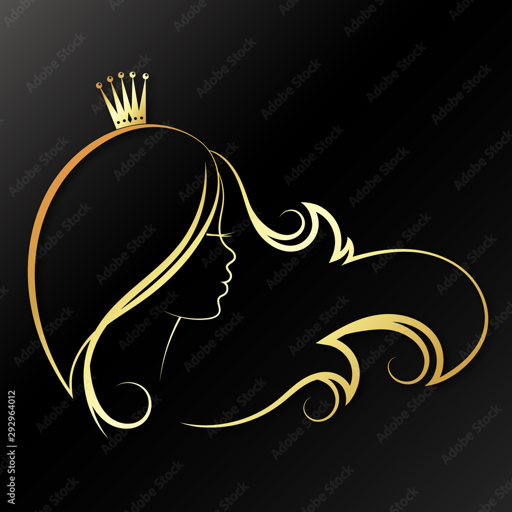 Girl with a golden crown on her head and curls of hair. Silhouette for  beauty salon and hairdresser Stock Vector | Adobe Stock