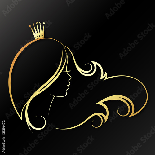Girl with a golden crown on her head and curls of hair. Silhouette for beauty salon and hairdresser