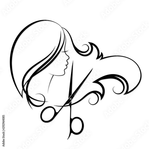 Girl with curls of hair and scissors silhouette for a beauty salon and hairdresser