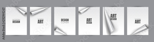 Set of A4 format sheets with curved corners. Vector overlay illustration. Templates with shadows. Foil. Glossy business paper. Eps 10. Graphic elements for design. Flipping page set.