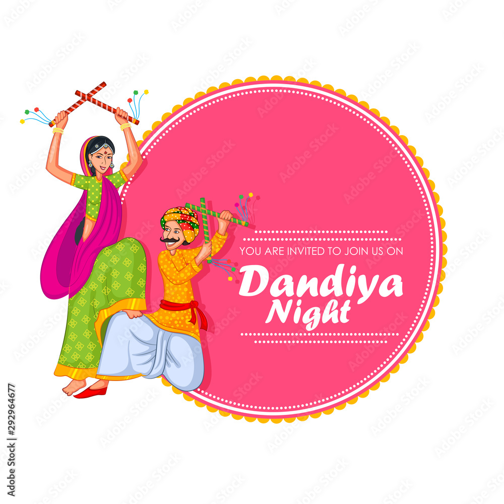 Obraz premium Couple performing Garba dance in Dandiya Raas for Dussehra or Navratri in vector