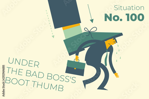 Henpecked man.  A man under the thumb of a bad boss.Flat design illustration for presentation, web, landing page, infographics: cartoon character. 
