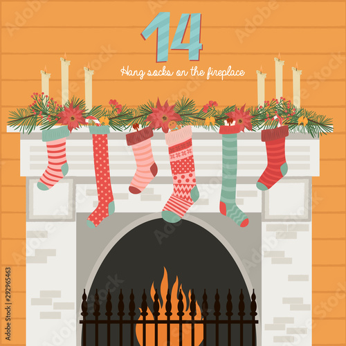 Christmas Advent Calendar, Day 14. Hang Christmas Socks By The Fireplace. Lifestyle Vector Illustration.