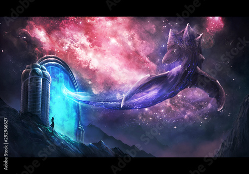 Artistic illustration of a dragon getting out of a dimensional gate