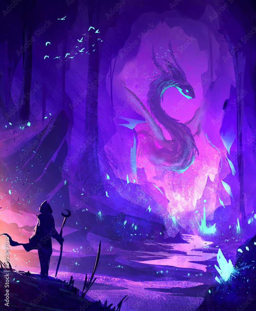 Obraz premium Streszczenie ilustracja wojownika stojącego przed smokiem w jaskini