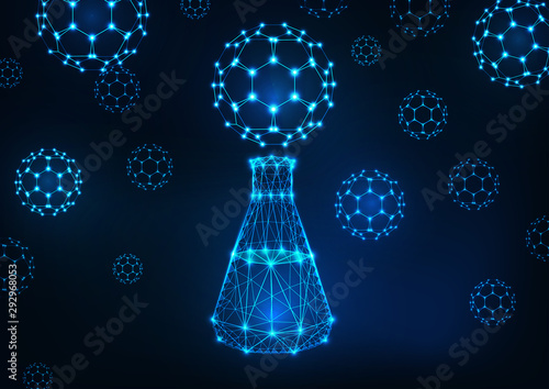 Futuristic science background with glowing low polygonal flask and fullerene buckyball molecules.