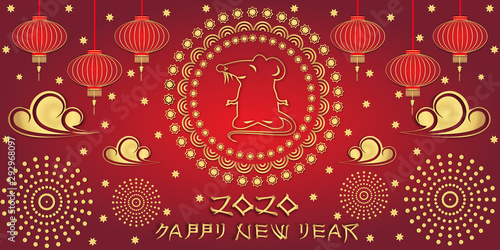 Chinese new year 2020 year of the rat, red and gold paper cut rat character. Chinese New Year greeting card. Golden and red ornament. Zodiac sign for greetings card, invitation, posters, banners, card