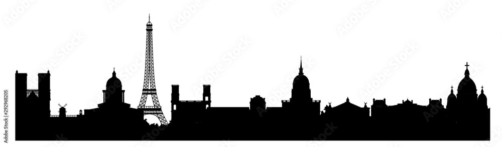 Obraz premium Panorama Paryża płaski ilustracji wektorowych. Kreskówka symbole architektury Paryża i obiekty. Paryż tło wektor panoramę miasta. Płaskie modna ilustracja