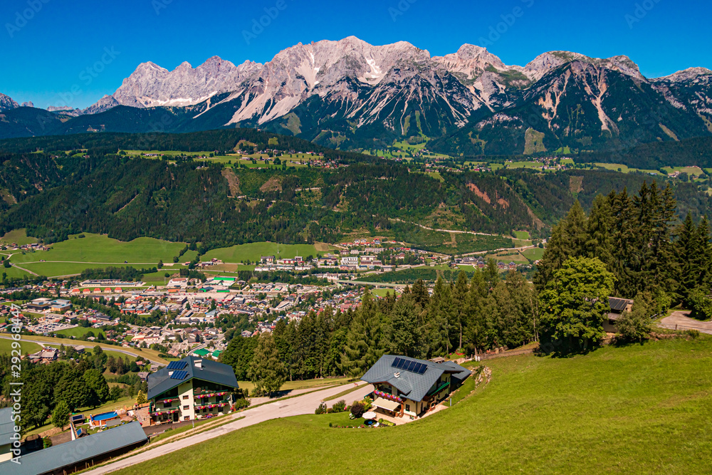 Beautiful alpine view with the famous Dachstein summit at the Planai Alm, Schladming, Steiermark, Austria
