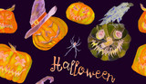 Halloween colorfull pattern design, pumpkin, witch hats, spiders, crow, broom, Hand painted watercolor on black background