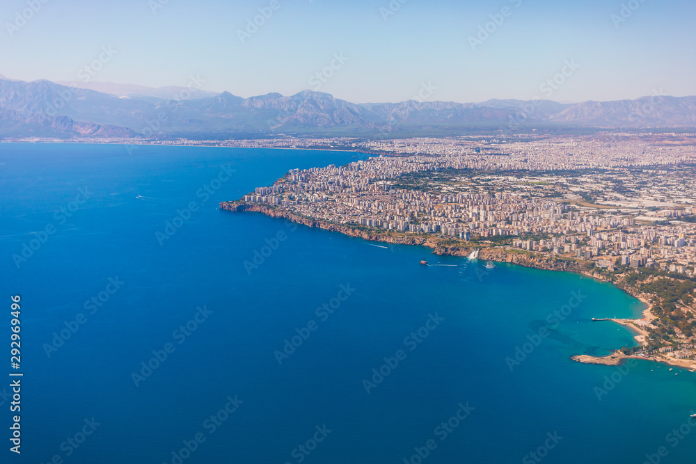 Aerial view of the Mediterranean Sea and the coast of Antalya and the city itself from the sea, Turkey