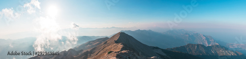 Panoramic view of Taurus Mountain at sunset from the top of Tahtali Mountain near Kemer, Antalya, Turkey © LALSSTOCK