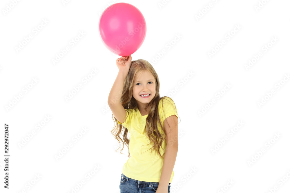Pretty little girl with pink balloon on white background Pretty little girl with pink balloon on white background
