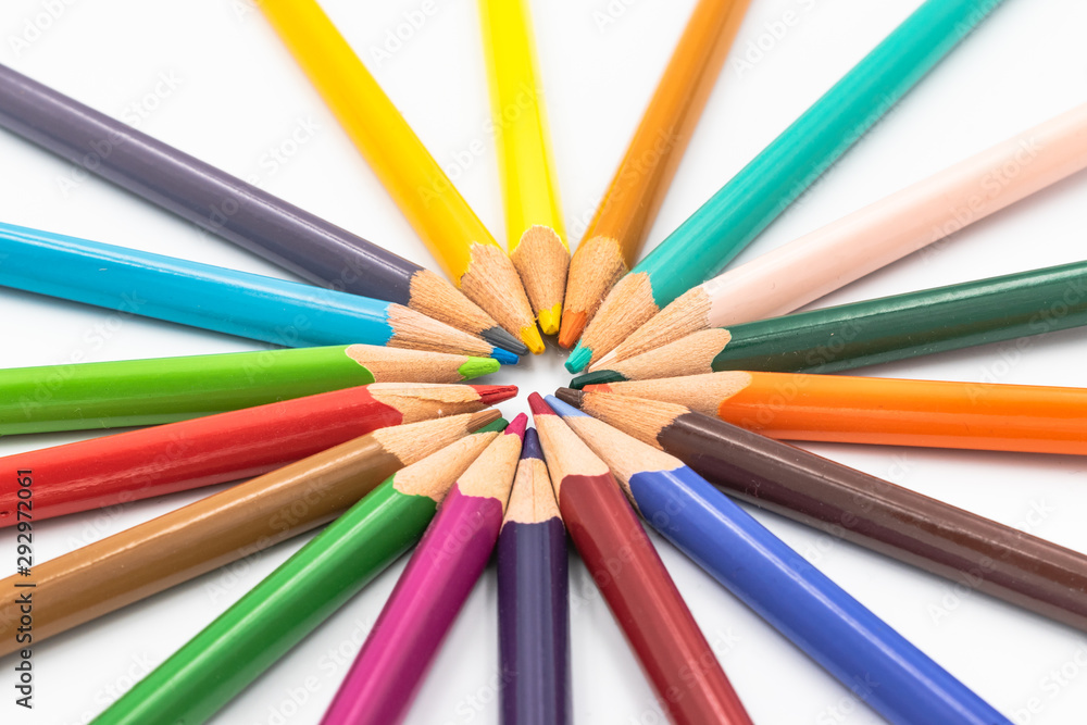 Color pencils isolated on white background in a circle