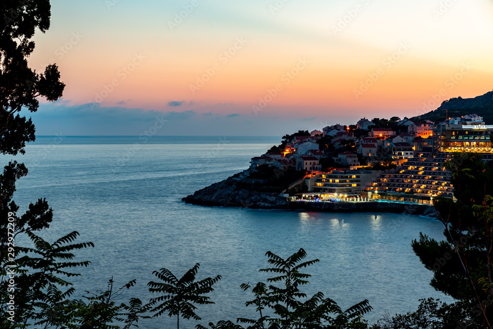 A view to the new city of Dubrovnik and the sea on sunset