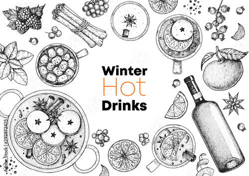 Mulled wine, winter hot drink. Hand drawn sketch. Vector illustration. Christmas invitation design template. Sketch collection. Christmas bar menu. Mulled wine, coffee and tea.