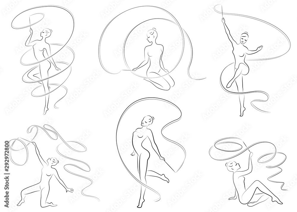 Collection. Rhythmic gymnastics. Silhouette of a girl with a ribbon. Beautiful gymnast. The woman is slim and young. Vector illustration set Collection. Rhythmic gymnastics. Silhouette of a girl with a ribbon. Beautiful gymnast. The woman is slim and young. Vector illustration set