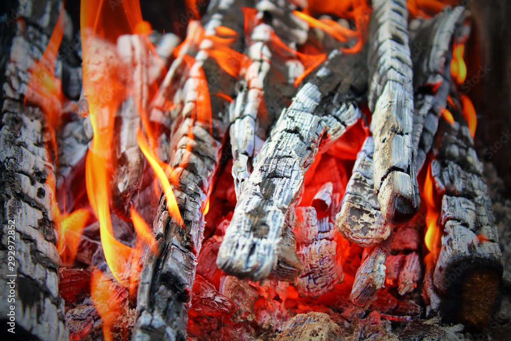 Firewood burning in the grill. Close-up. Background. Texture.