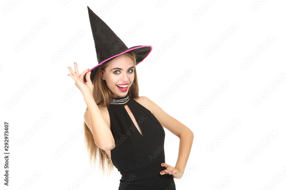 Beautiful woman in halloween costume on white background