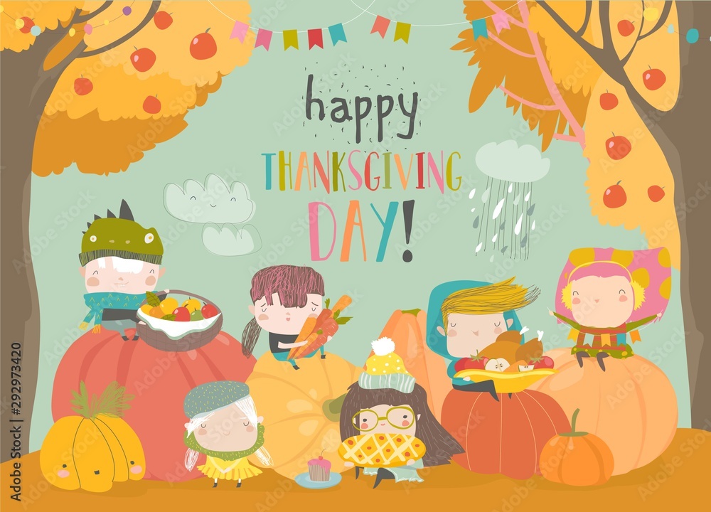 Fototapeta premium Cartoon children harvesting in autumn garden. Happy Thanksgiving Day