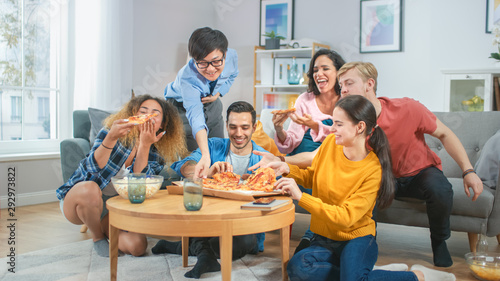 Canvas Print At Home Diverse Group Friends Watching TV Together, They Share Gigantic Pizza, Eating Tasty Pie Pieces