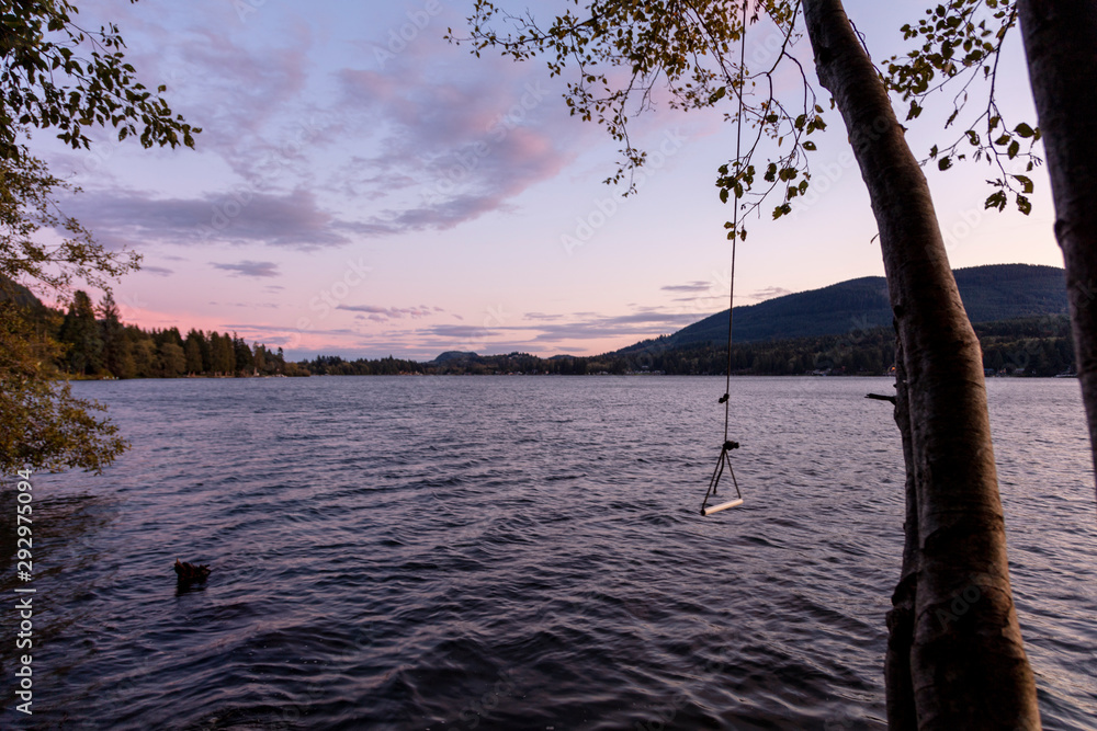 PNW Mountain Lake Sunset with rope swing