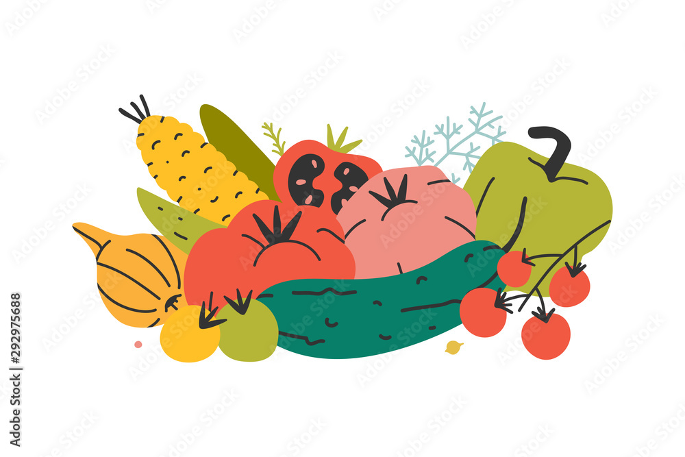 Naklejka premium Arrangement of organic vegetables, group of vector hand drawn various kinds of veggies. Harvest products isolated on white background. Modern flat cartoon style. Good for farming fair.