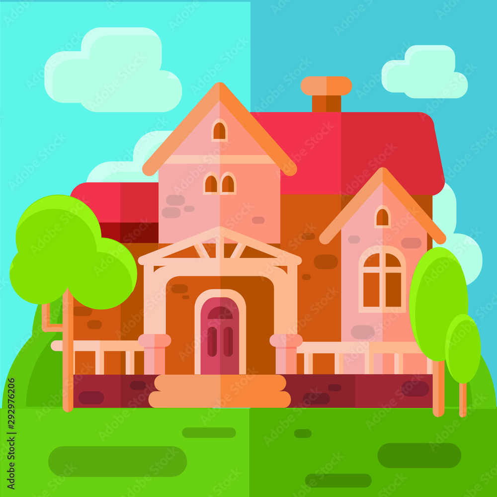 Cartoon House With Full Color Flat Design Illustration Cartoon House With Full Color Flat Design Illustration